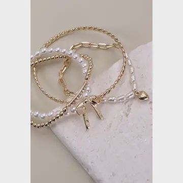 Bow Pearl Rhinestone Bar Stretch Bangle Set