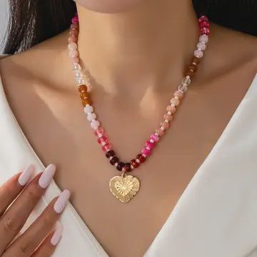 Multi Beaded Chain Heart Charm Necklace