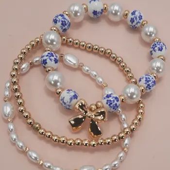 Blue Ceramic Porcelain Bow Multi Layer Bracelet