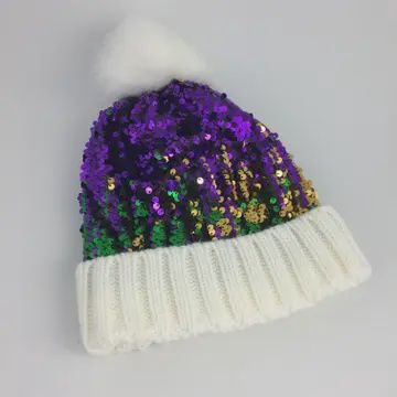 Mardi Gras Sequin Beanie Hat with Pompom