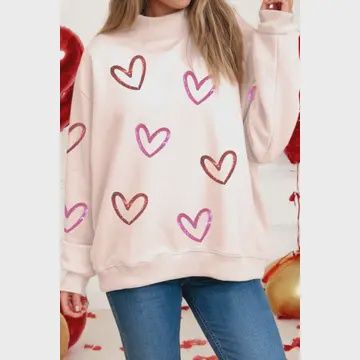 Sequin Heart Valentines Day Mock Neck Sweatshirt