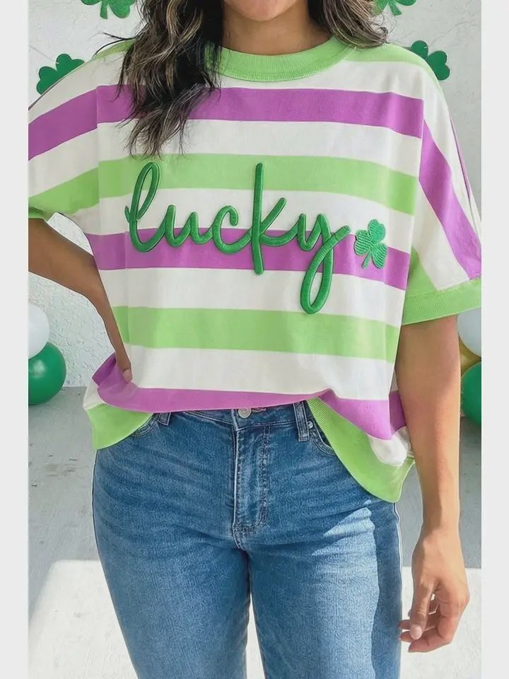 Stripe Lucky Clover Embroidered Graphic Tee