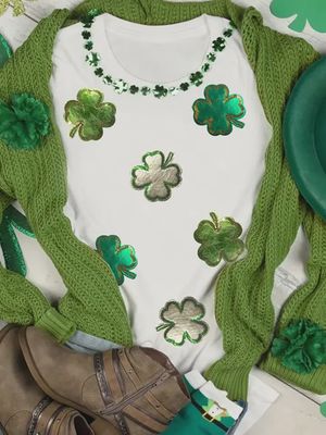 White Shamrock Foil Clover St Patricks Day Graphic Tee