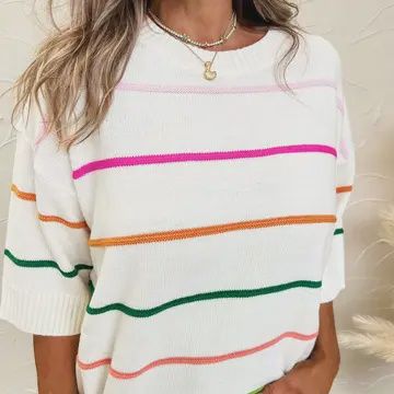 Colorblock Striped Half Sleeve Drop Shoulder Sweater
