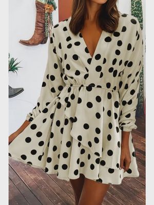 Polka Dot Printed Surplice V Neck Puff Sleeve Spring Dresses