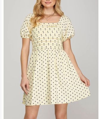 Short Puff Sleeve Pleated Polka Dot Dress with Pockets
