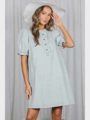 Ruffled Button Placket Accent 100%Cotton Knee Dress
