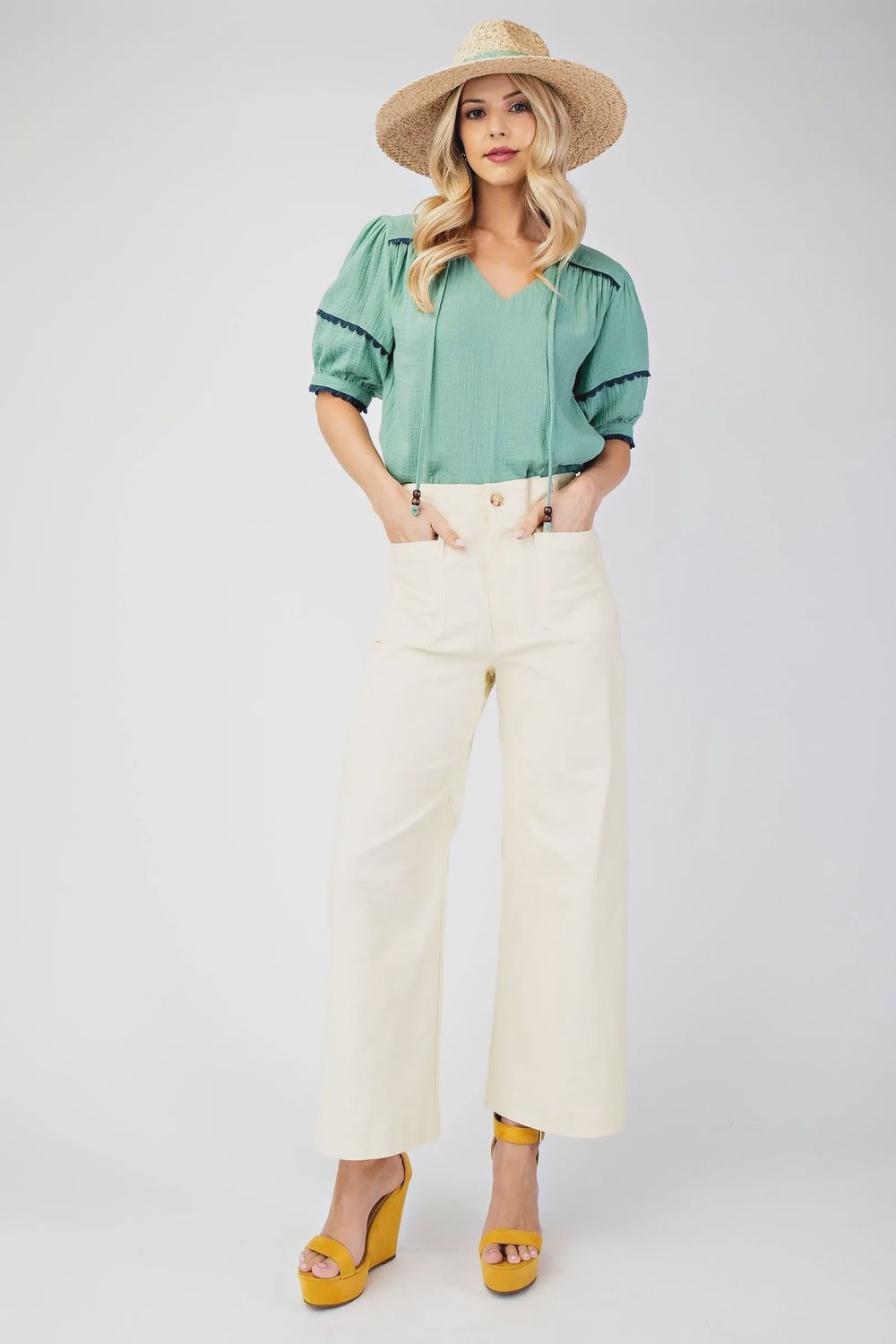 Ankle Cropped Summer Pants in a Stretchy Denim-Like Fabric with Pockets