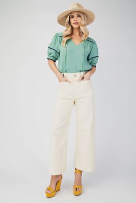Ankle Cropped Summer Pants in a Stretchy Denim-Like Fabric with Pockets