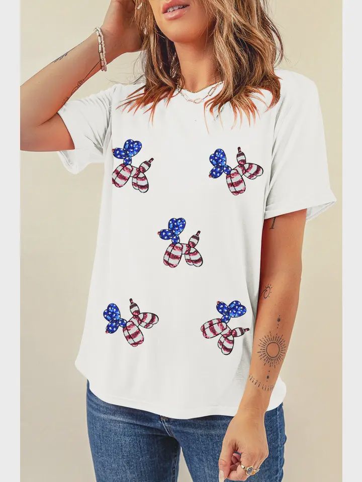 Sequin Stars and Stripes Balloon Puppy Graphic Crewneck Tee
