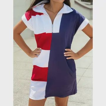 Americana Stripes Zip Up Collared T Shirt Dress