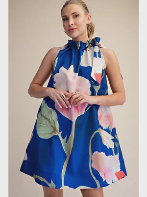 Ruffle Neck Tie Sleeveless Floral Print Mini Dress