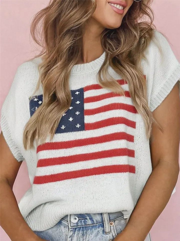 Cap Sleeve American Flag Knit Top Rosa Clothing