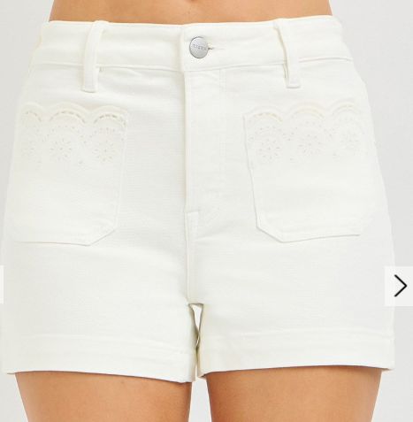 HIGH RISE SHORTS WITH SCALLOPED EYELET EMBROIDERED POCKETS