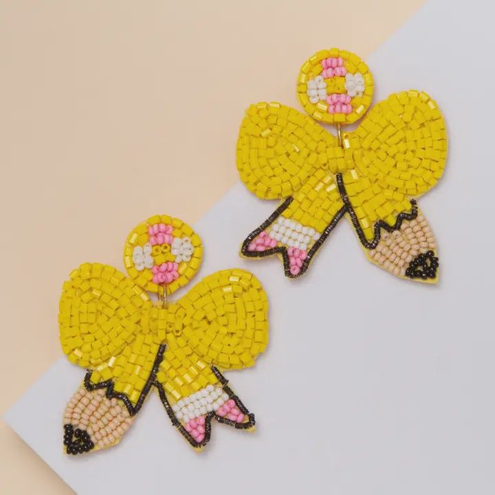 Yellow Seed Bead Pencil Bow Post Dangle Earrings