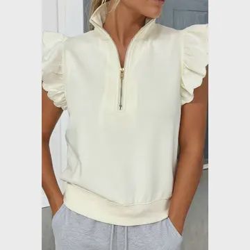 Las Zipped Up Collared Ruffled Short Sleeve Blouse