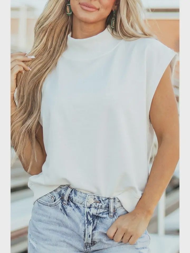 Solid Color Mock Neck Cap Sleeve Loose Top