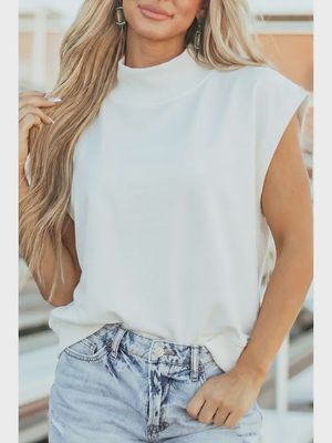 Solid Color Mock Neck Cap Sleeve Loose Top