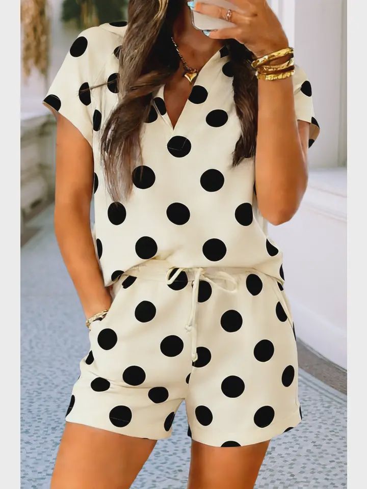 Polka Dot Print V Neck Tee Short Set