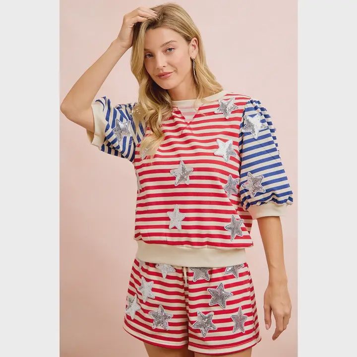 4TH of July Stripe Star Sequin Patch Short Sleeves Top