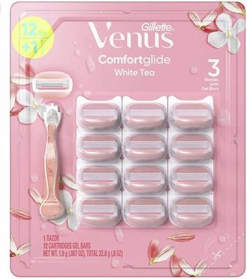 Venus Gillette 3 Razor Blade ComfortGlide White Tea with 12 Gel Cartridges