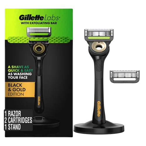 GilletteLabs Exfoliating Bar Razor Black and Gold Edition (2 Count + Handle + Stand)