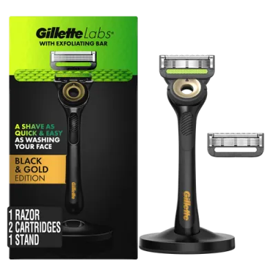 GilletteLabs Exfoliating Bar Razor Black and Gold Edition (2 Count + Handle + Stand)