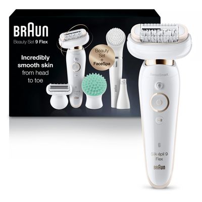 Braun Epilator Silk-épil 9 Flex 9-300 Beauty Set, Facial Hair Removal for Women, Hair Removal Device, Shaver &amp; Trimmer, Cordless, Rechargeable, Wet &amp; Dry, FaceSpa