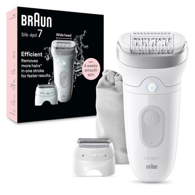 Braun Epilator Silk-épil 7, Hair Removal Device, Women Shaver &amp; Trimmer, Wet and Dry, Wide Head, Includes Shaver Head and Trimmer Comb, SE7-041, Silver