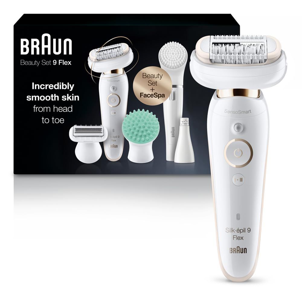 Braun Epilator Silk-épil 9 Flex 9-300 Beauty Set, Facial Hair Removal for Women, Hair Removal Device, Shaver &amp; Trimmer, Cordless, Rechargeable, Wet &amp; Dry, FaceSpa