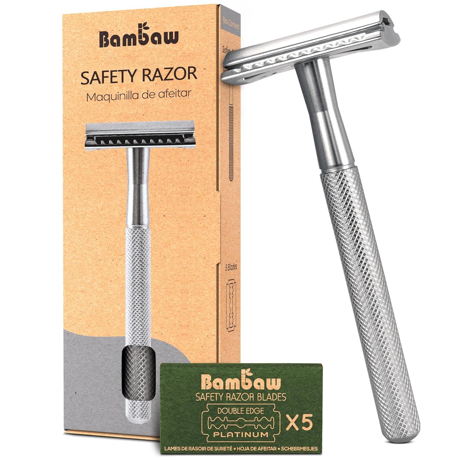 Bambaw Double Edge Safety Razor for Men &amp; Women, Metal Razor with 5 Double Edge Safety Razor Blades, Eco-Friendly Razor – Silver