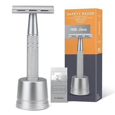Double Edge Safety Razor with Stand, Single Blade Razors for Men and Women, Reusable Metal De Razor, Men&#39;s Safety Shaving Razors with 10 Double Edge Blades, Smooth and Close Shave, Matte Silver