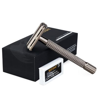 WEISHI Butterfly Open Double Edge Safety Razor for Men, Nostalgic Long Handle with 5 Stainless Razor Blades, Reusable Wet Shave Tool for Smooth, Close Shave