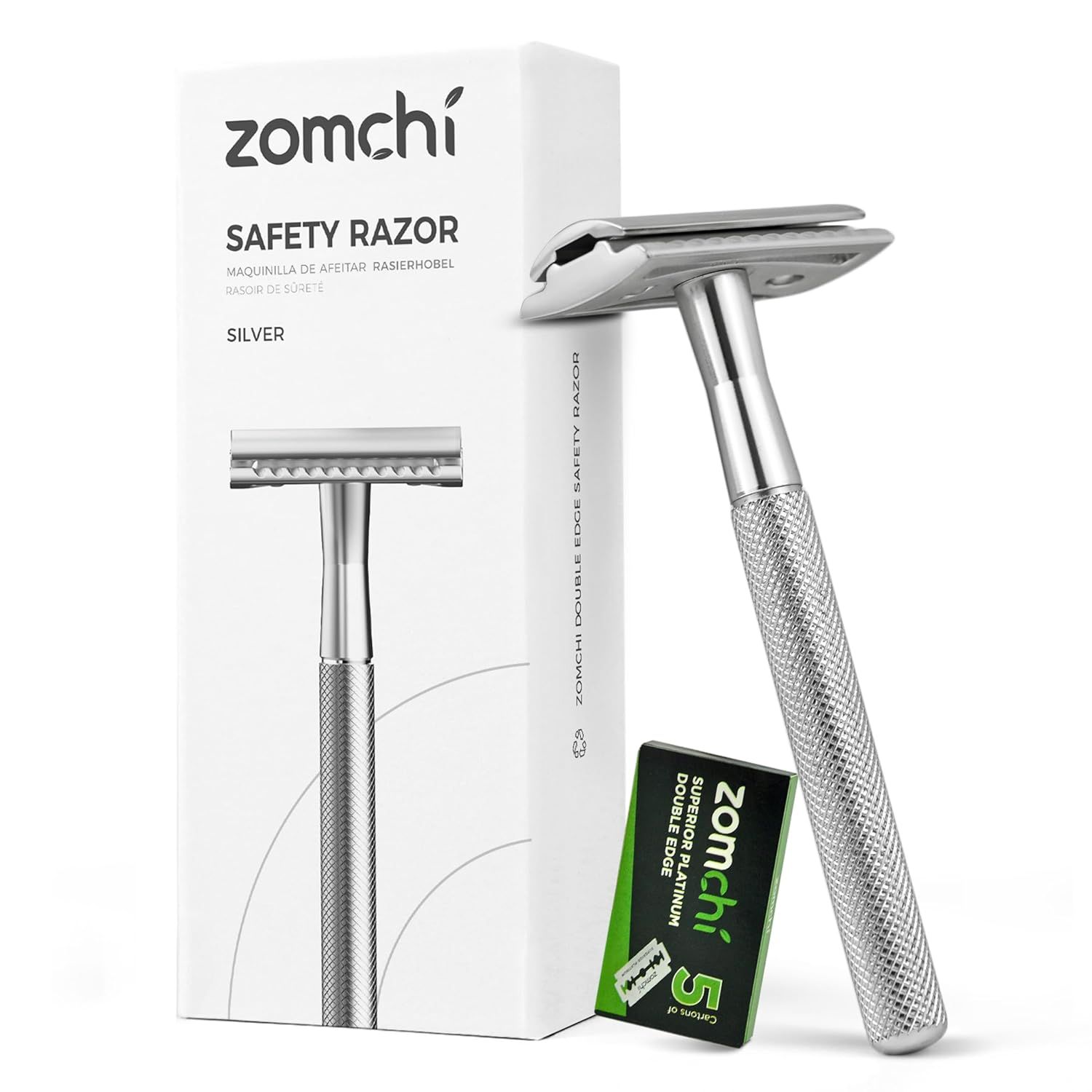 ZOMCHI Double Edge Safety Razor for Men &amp; Women, Metal Razor with 5 Double Edge Safety Razor Blades, Single Blade Razor – Silver