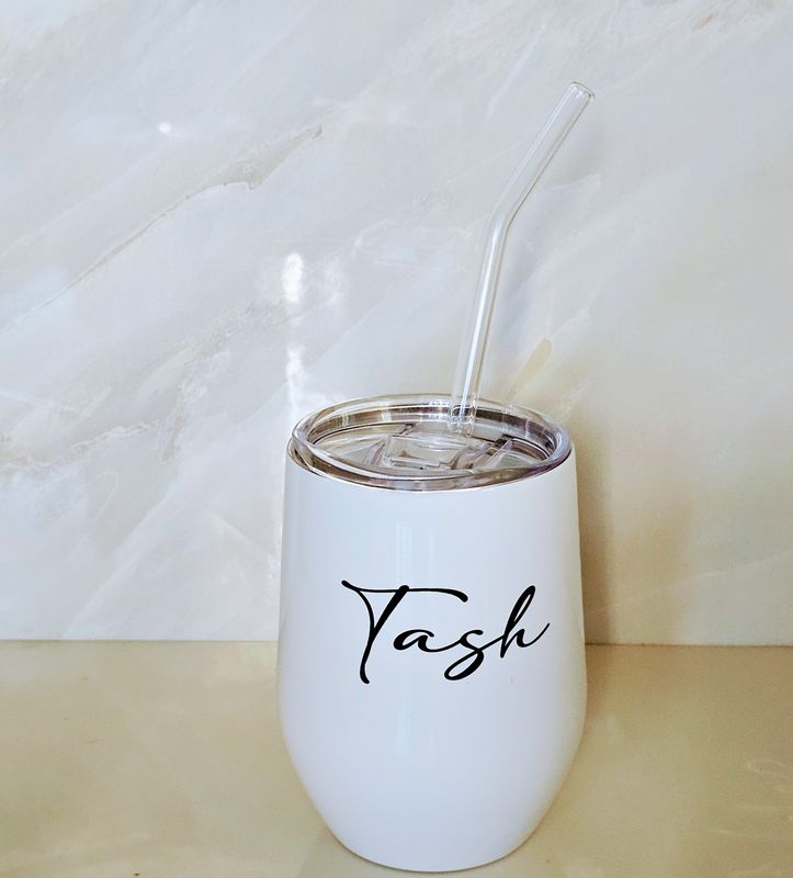 12oz Wine Tumbler with Name Print (One Side Only) + Glass Straw