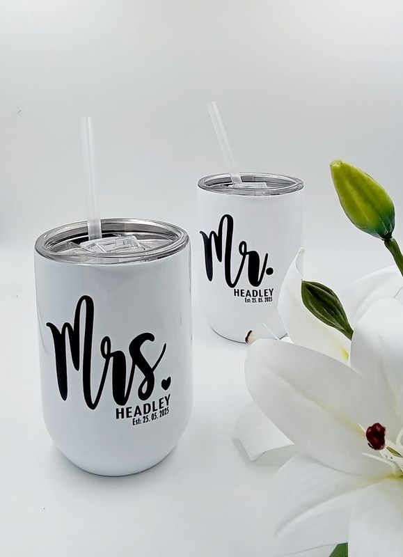 Mr. &amp; Mrs. Wine Tumbler with Name Print (One Side Only) + Glass Straw