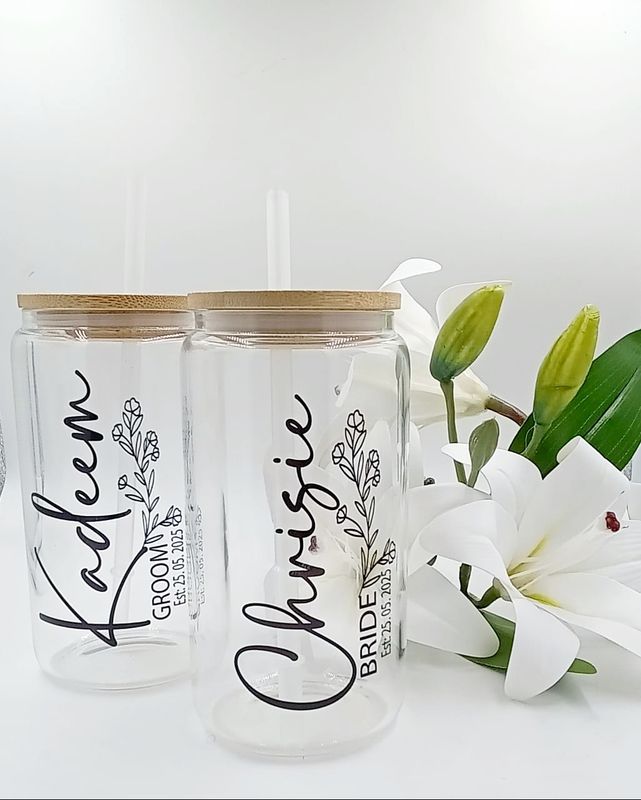 Personalize Libbey Glass Jar - Wedding Glass (One Side Only) + Glass Straw