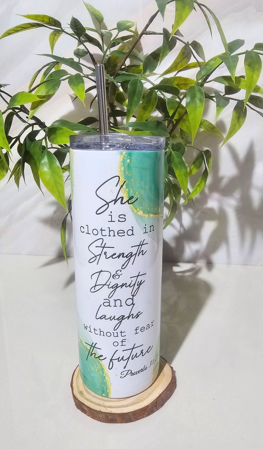 Proverbs 31:25 – She Is Clothed Tumbler (20oz Stainless Steel)