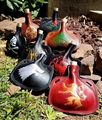 Small Leather Bottle - Hand Tooled Water or Wine Skin