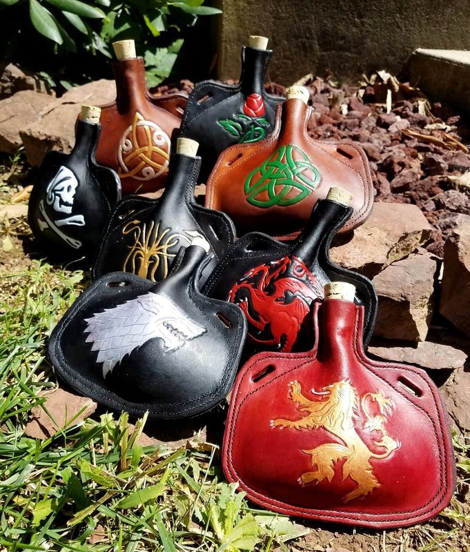 Small Leather Bottle - Hand Tooled Water or Wine Skin