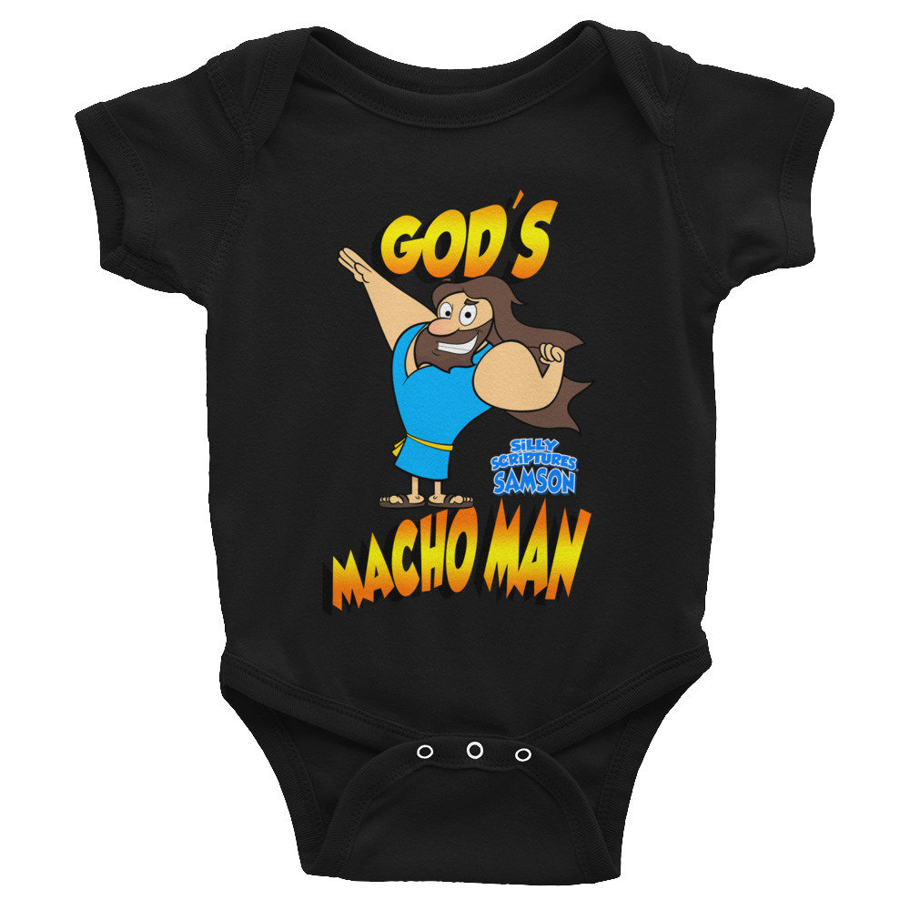 Samson &quot;God&#39;s Macho Man&quot; Infant Bodysuit, Primary color: Black, Size: 6M