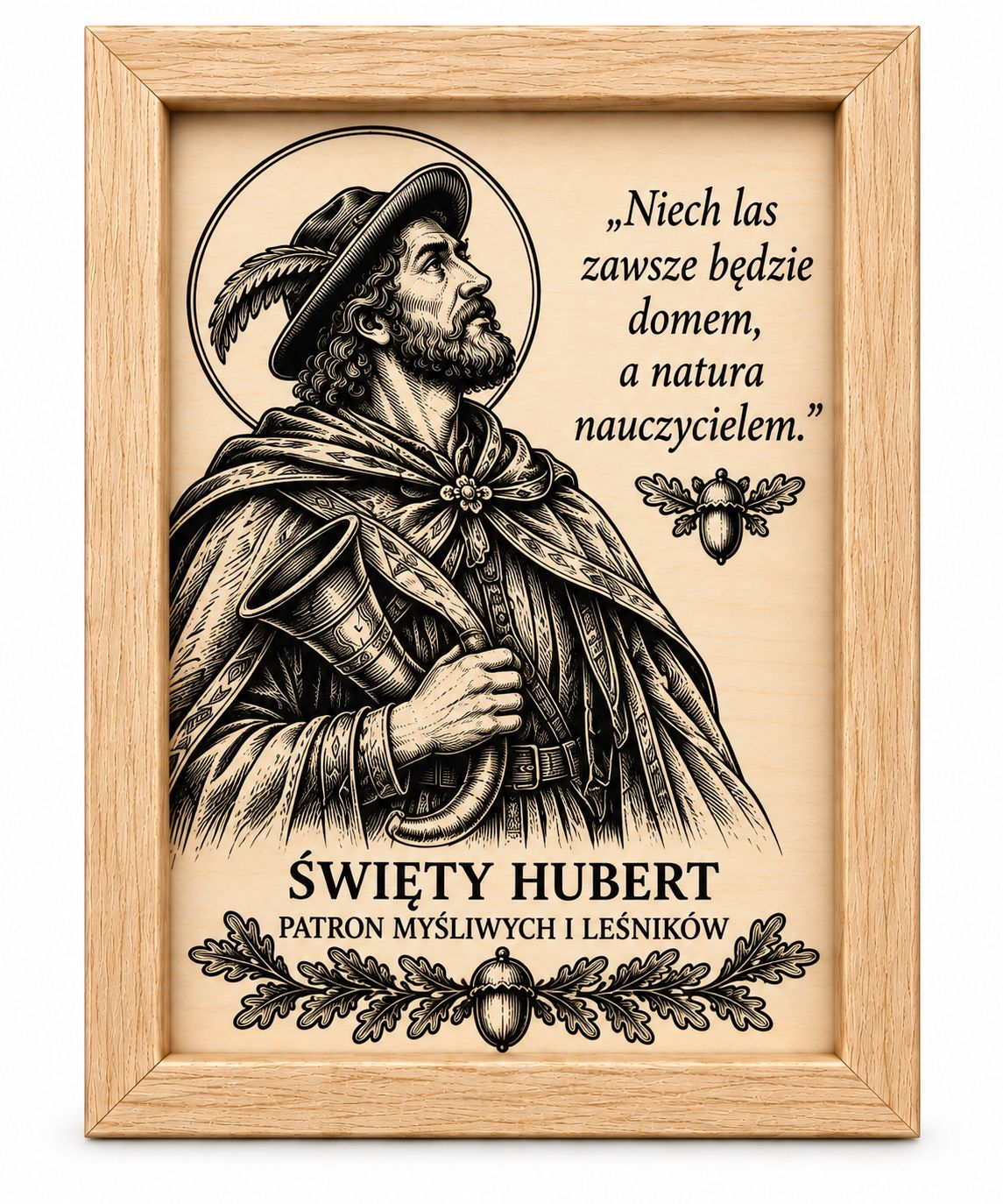 Święty Hubert obraz grawerowany w drewnianej ramce H-6