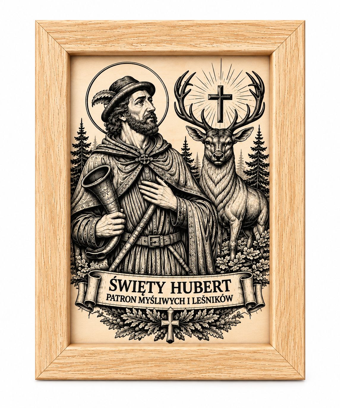 Święty Hubert obraz grawerowany w drewnianej ramce H-1