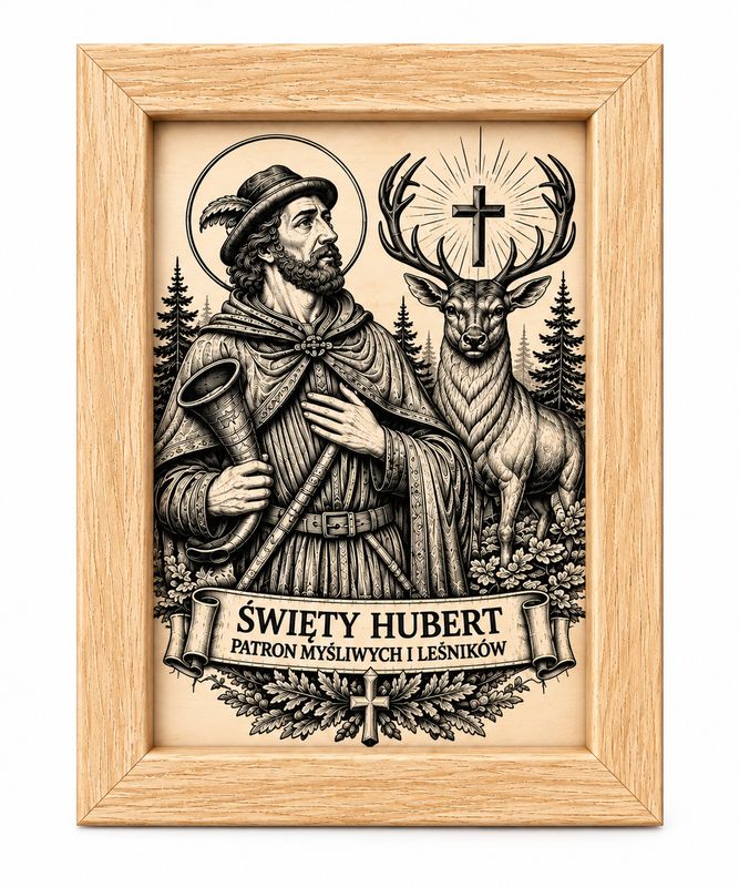 Święty Hubert obraz grawerowany w drewnianej ramce H-1