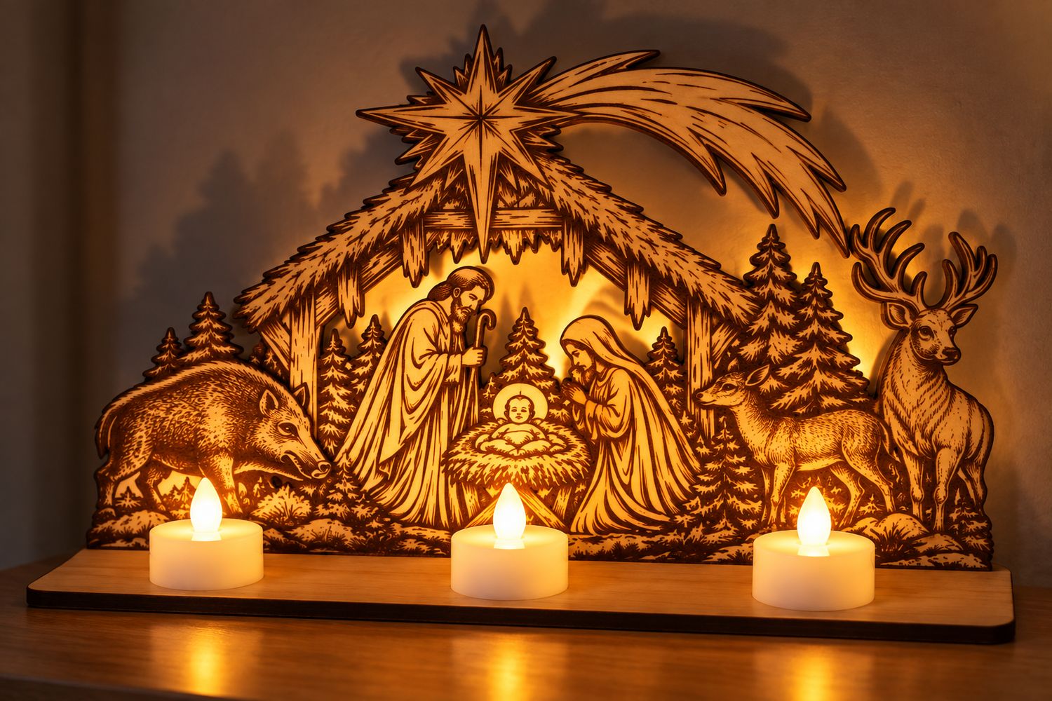 Szopka bożonarodzeniowa drewniana LED 26x18 cm grawer jeleń dzik