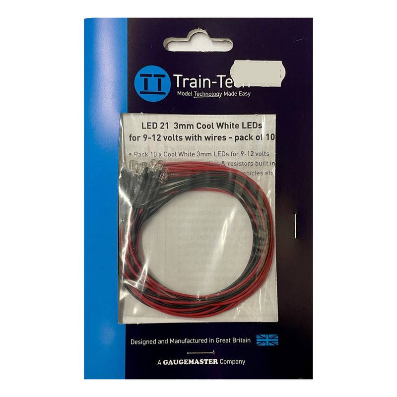 Train Tech LED21 LED Pack 3mm Cool White 12v LED w/Wire &amp; Resistors (10)