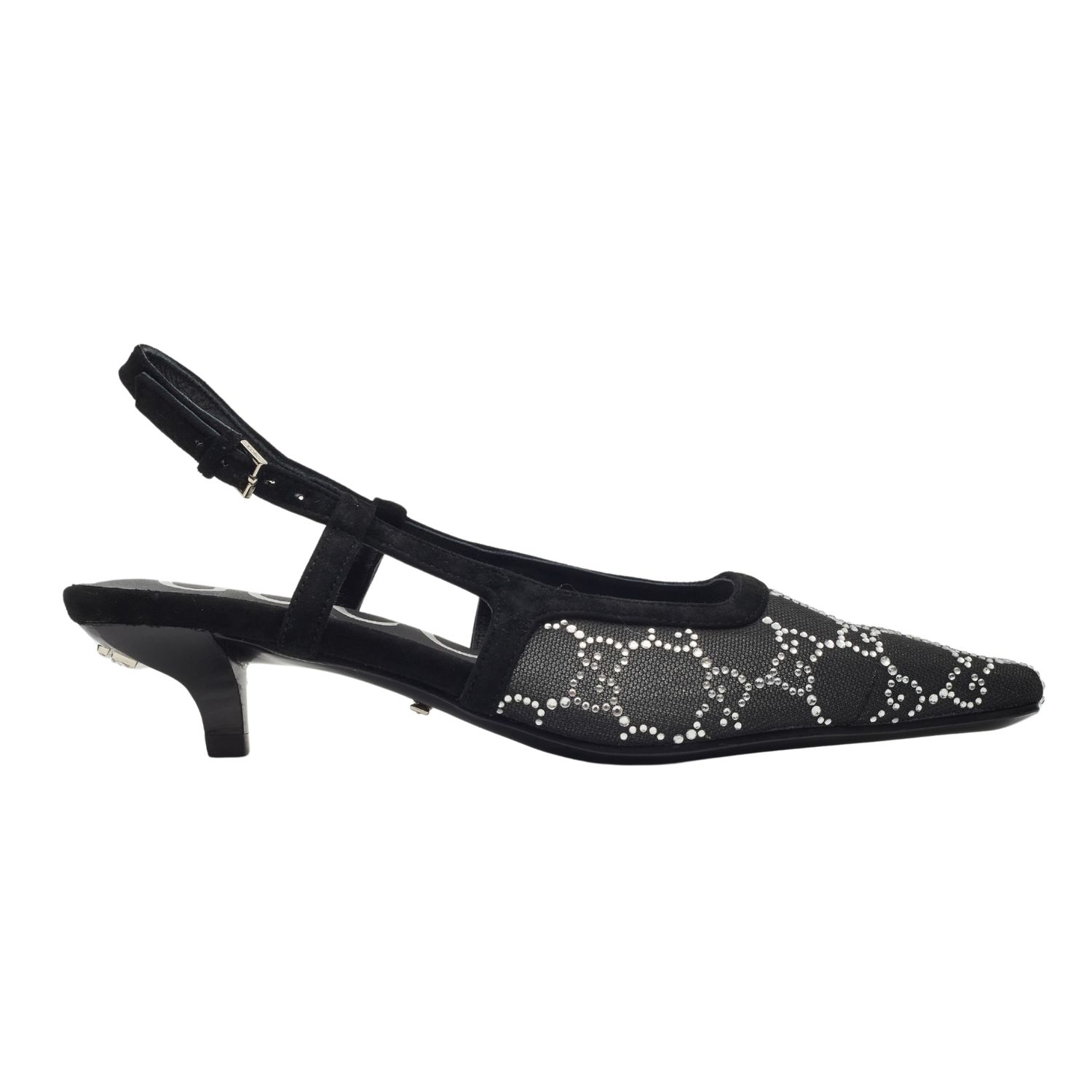 GUCCI GG CRYSTAL EMBELLISHED MESH BLACK SLINGBACK KITTEN HEELS, Size: 37