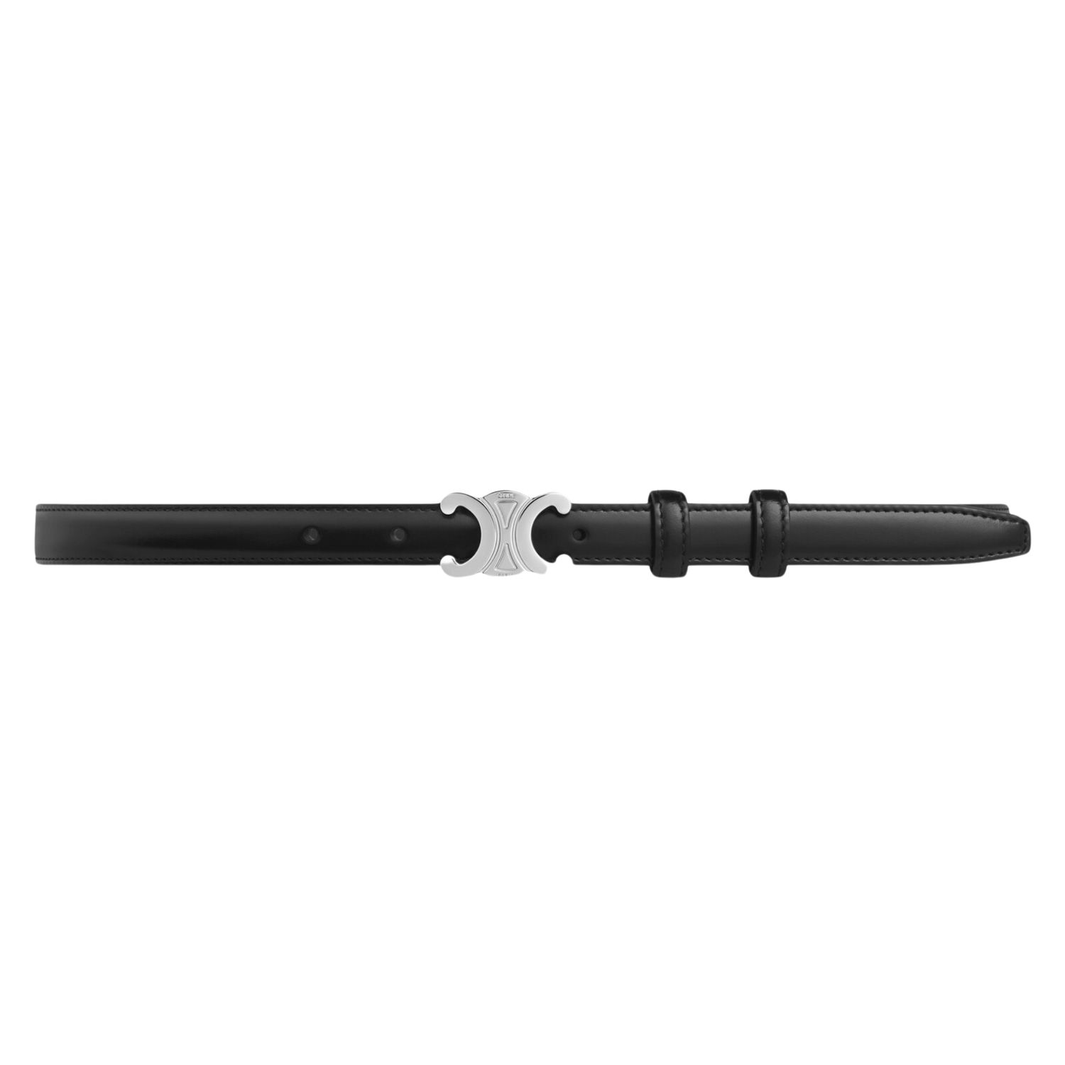 CELINE SMALL SILVER TRIOMPHE MOTIF BELT IN BLACK TAURILLON LEATHER, Size: 80