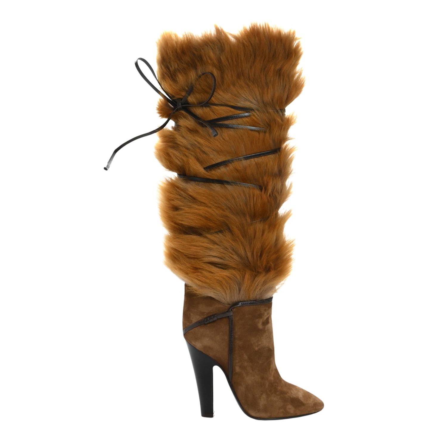 SAINT LAURENT SUEDE FAUX BROWN FUR JOKULL 105 OVER THE KNEE BOOTS , Size: 38