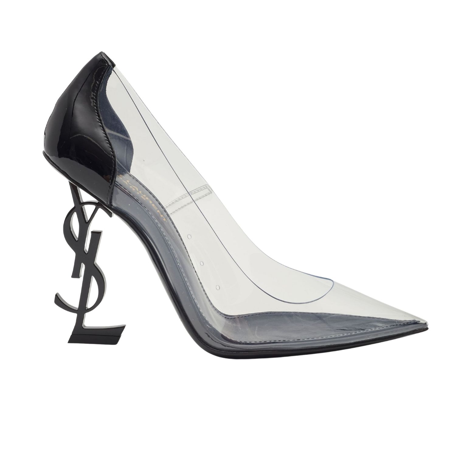 SAINT LAURENT BLACK PATENT TRANSPARENT PVC OPYUM HEELS, Size: EU 37